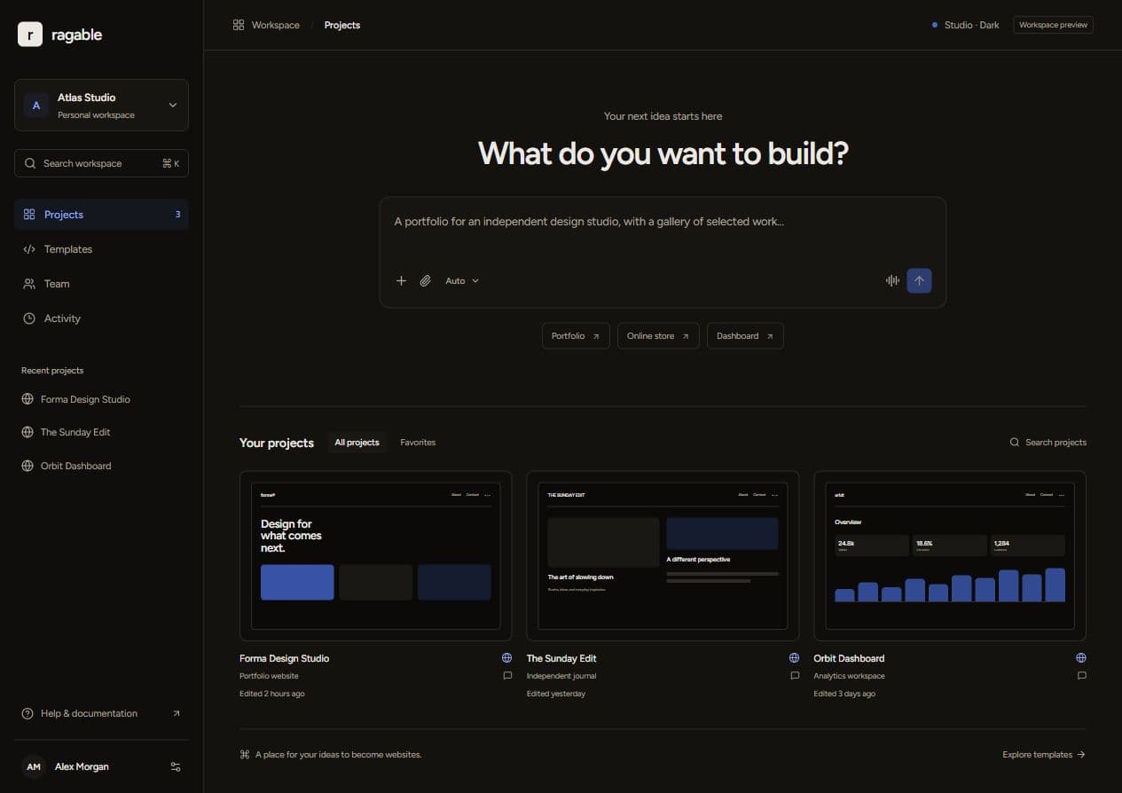 Ragable workspace with the Studio palette in dark mode.